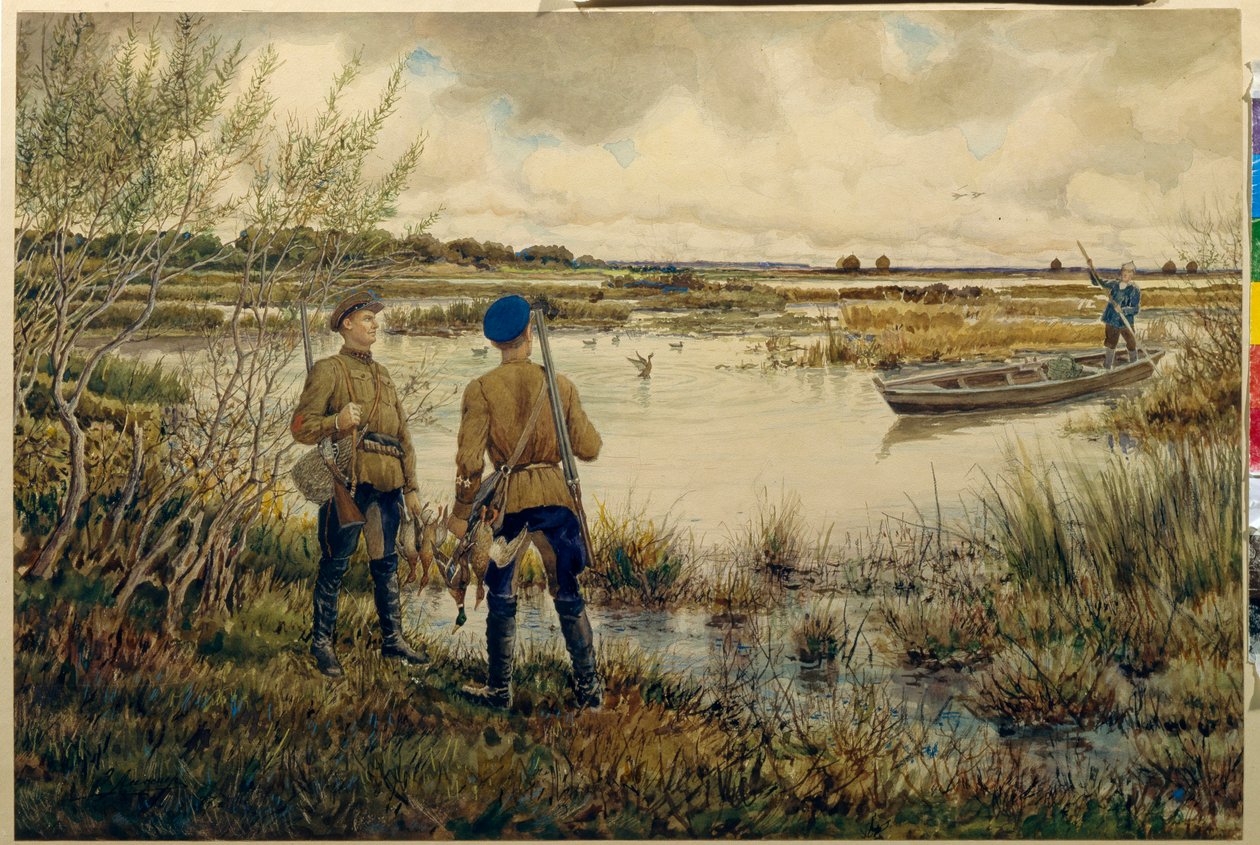 Återvänder från jakten - (jägare med sina redskap, står på stranden av en sjö, väntar på en följeslagare på en båt, ansvarig för fiske av vilt, ankor) - Återvänder från jakten - Verk av Ernest Ernestovich Lissner (1874-1941) , aq av Ernest Ernestovich Lissner