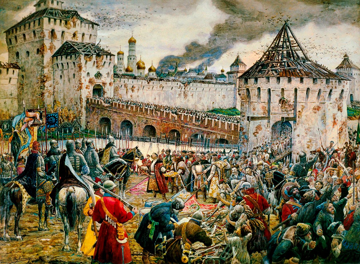 Utvisningen av polska inkräktare från Moskva Kreml, 1612 sent 1800- eller tidigt 1900-tal av Ernest Ernestovich Lissner