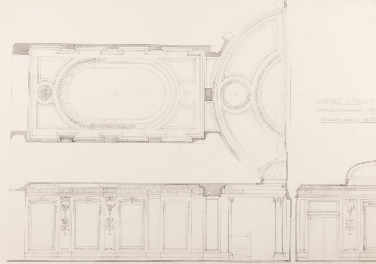 Ritningar för inredningen i biografen på Oxford and Poland Street: Auditoriets tak och bakre vägg, ca 1910 (blyerts på papper) av Ernest George William Souster