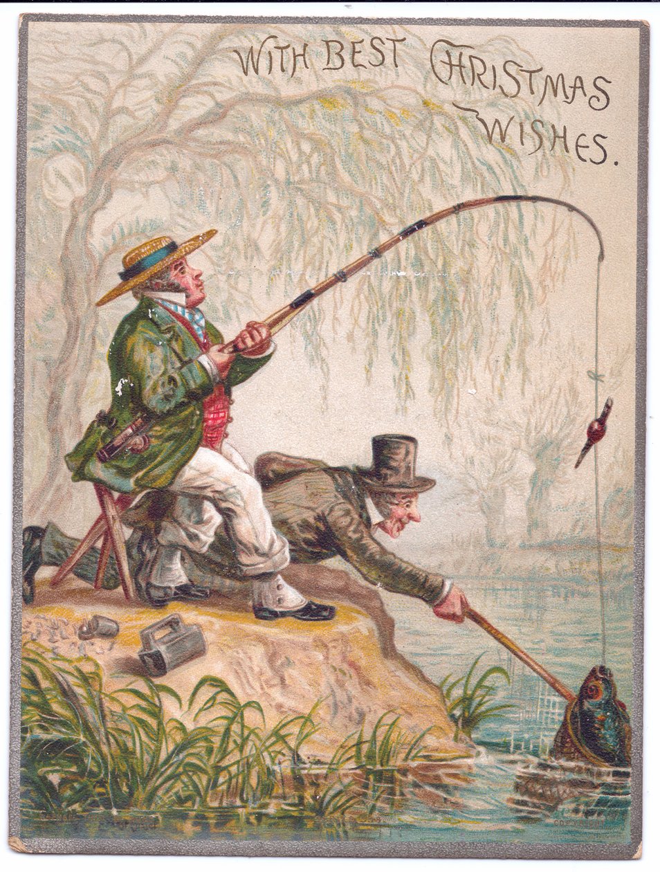 Ett viktorianskt julkort av två män som fiskar vid floden, c.1880 av Ernest Henry Griset