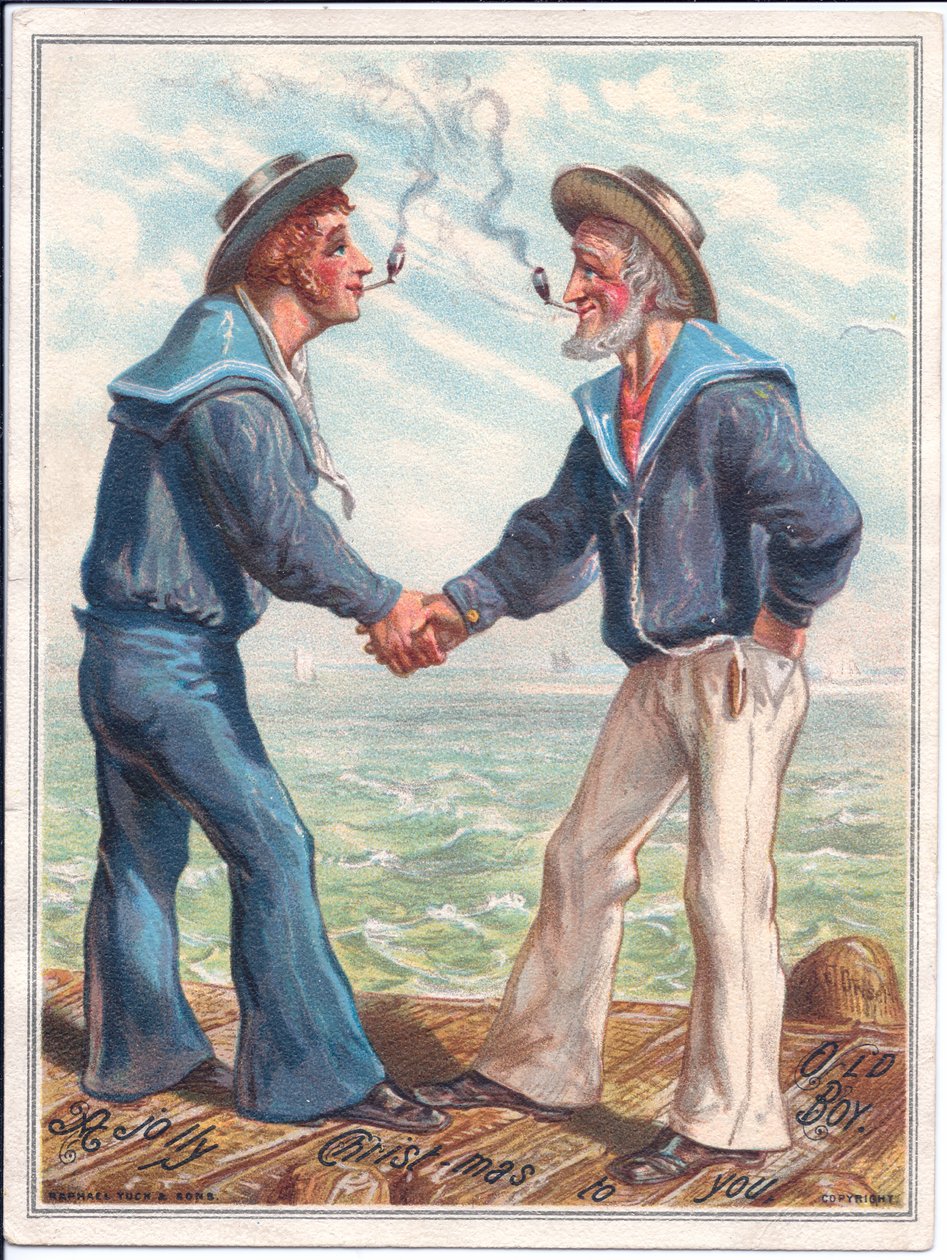 Ett viktorianskt julkort med två sjömän som röker lerpipor och skakar hand, ca 1880 (lito i färg) av Ernest Henry Griset