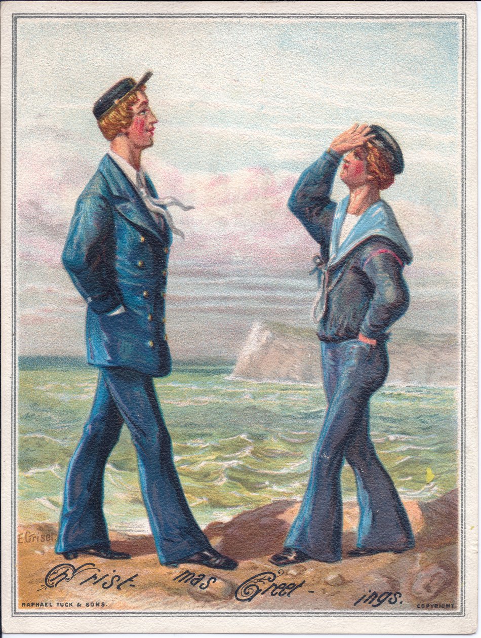 Ett viktorianskt julkort av två sjömän som går vid havet, c.1880 av Ernest Henry Griset
