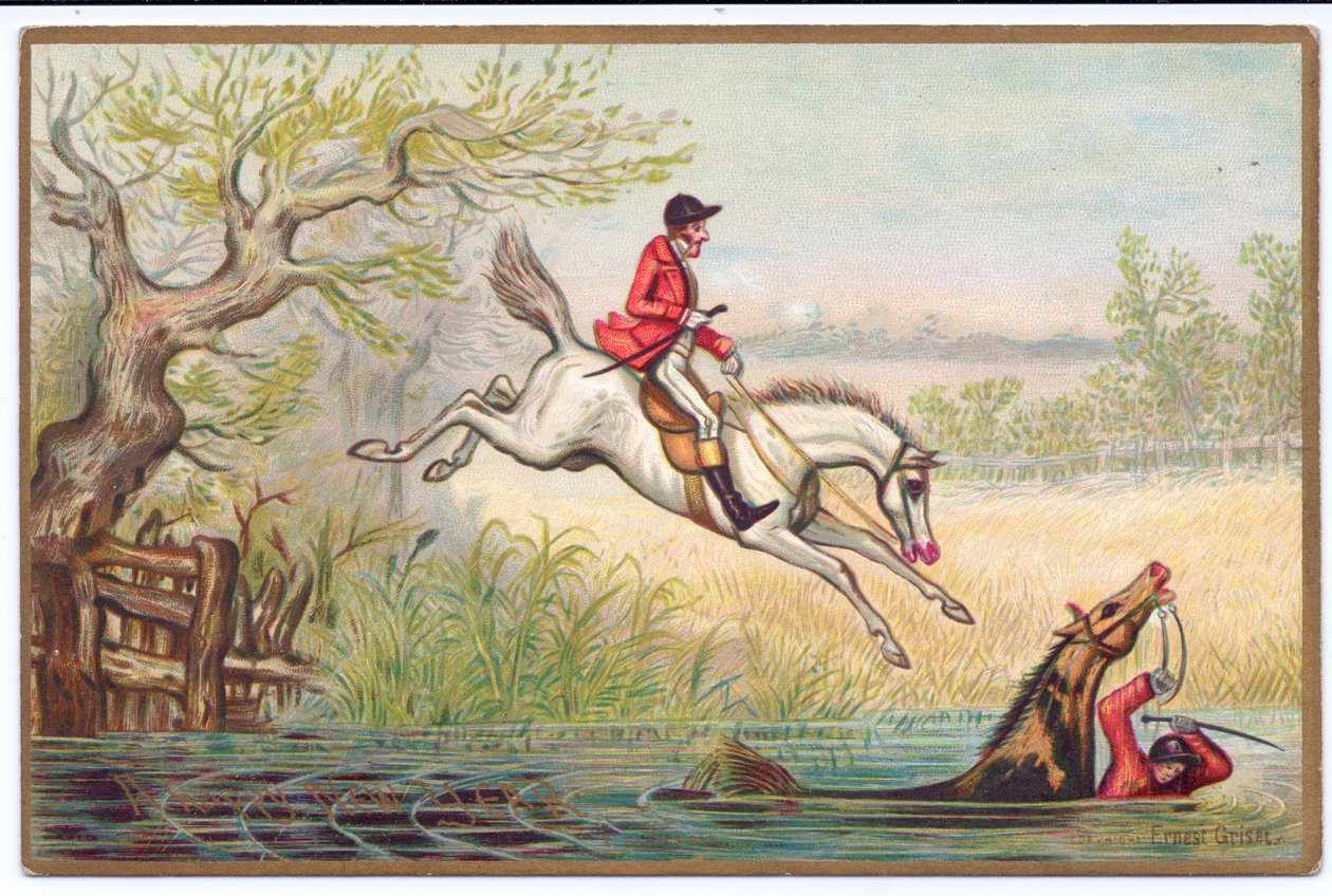 Ett viktorianskt nyårskort av en rävjakt med en jägare och hans häst som faller i floden, ca 1880 av Ernest Henry Griset