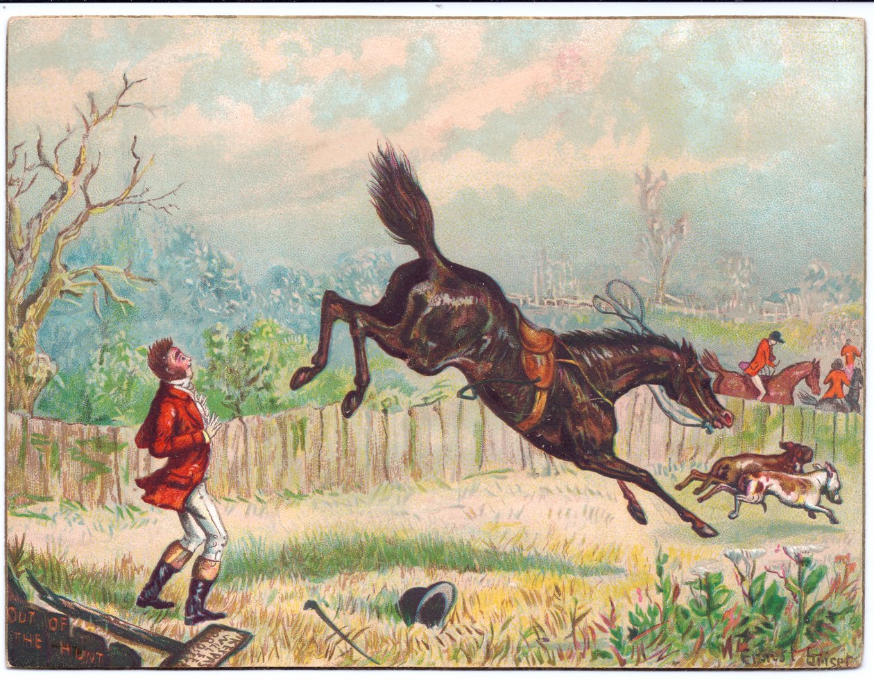 Ett viktorianskt gratulationskort av en rävjakt med en ensam häst som galopperar bort och lämnar jägaren strandsatt, ca 1880 av Ernest Henry Griset