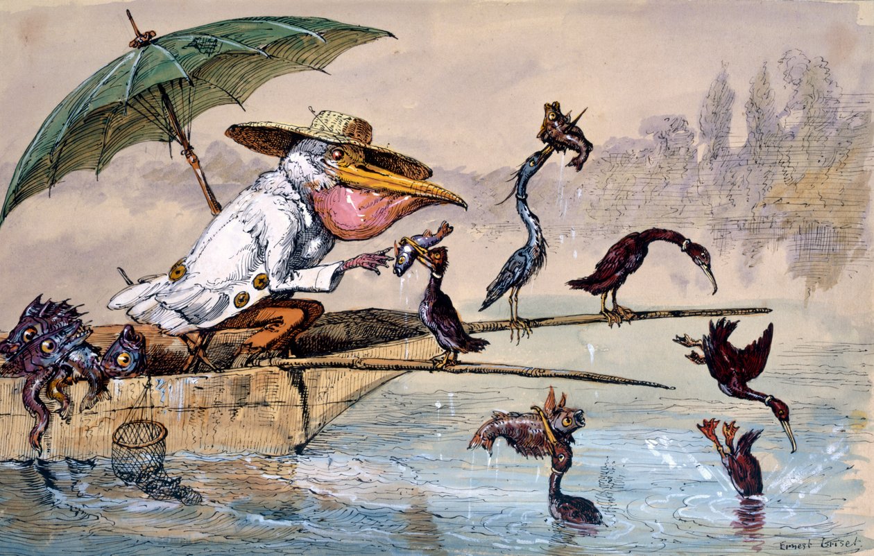 Skarvar som presenterar fisk för en pelikan i en stup under ett paraply, c1864-1907 av Ernest Henry Griset