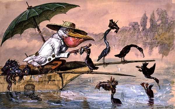 Skarvar som presenterar fisk för en pelikan i en stup under ett paraply från "The Dream of the Fisherman" (penna & bläck och akvarell) av Ernest Henry Griset