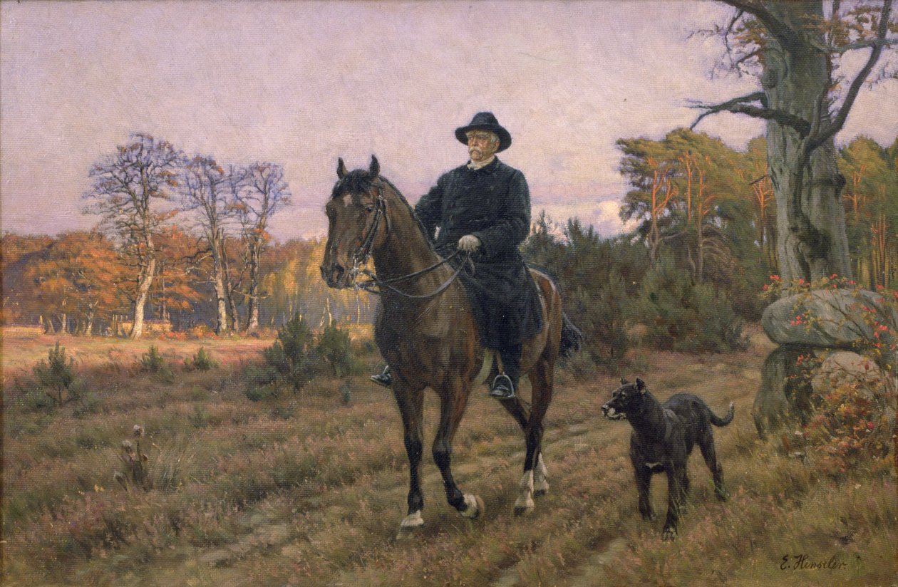 Bismarck till häst med hund (oljetryck) av Ernest Henseler