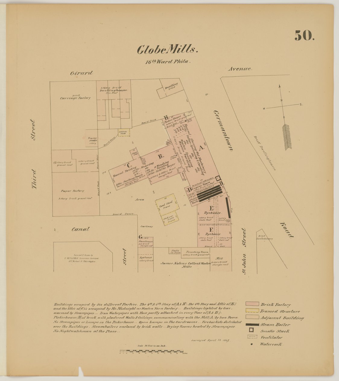 Girard Ave, Germantown Rd, 3rd St och Canal Street, Hexamer General Surveys, 1867 av Ernest Hexamer
