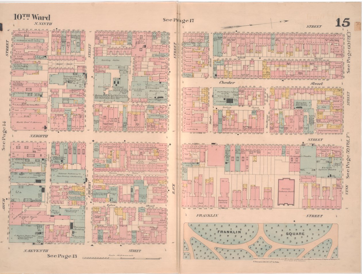 Försäkringskarta över staden Philadelphia; volym 2, tallrik 15, 1887 (handfärgad gravyr) av Ernest Hexamer