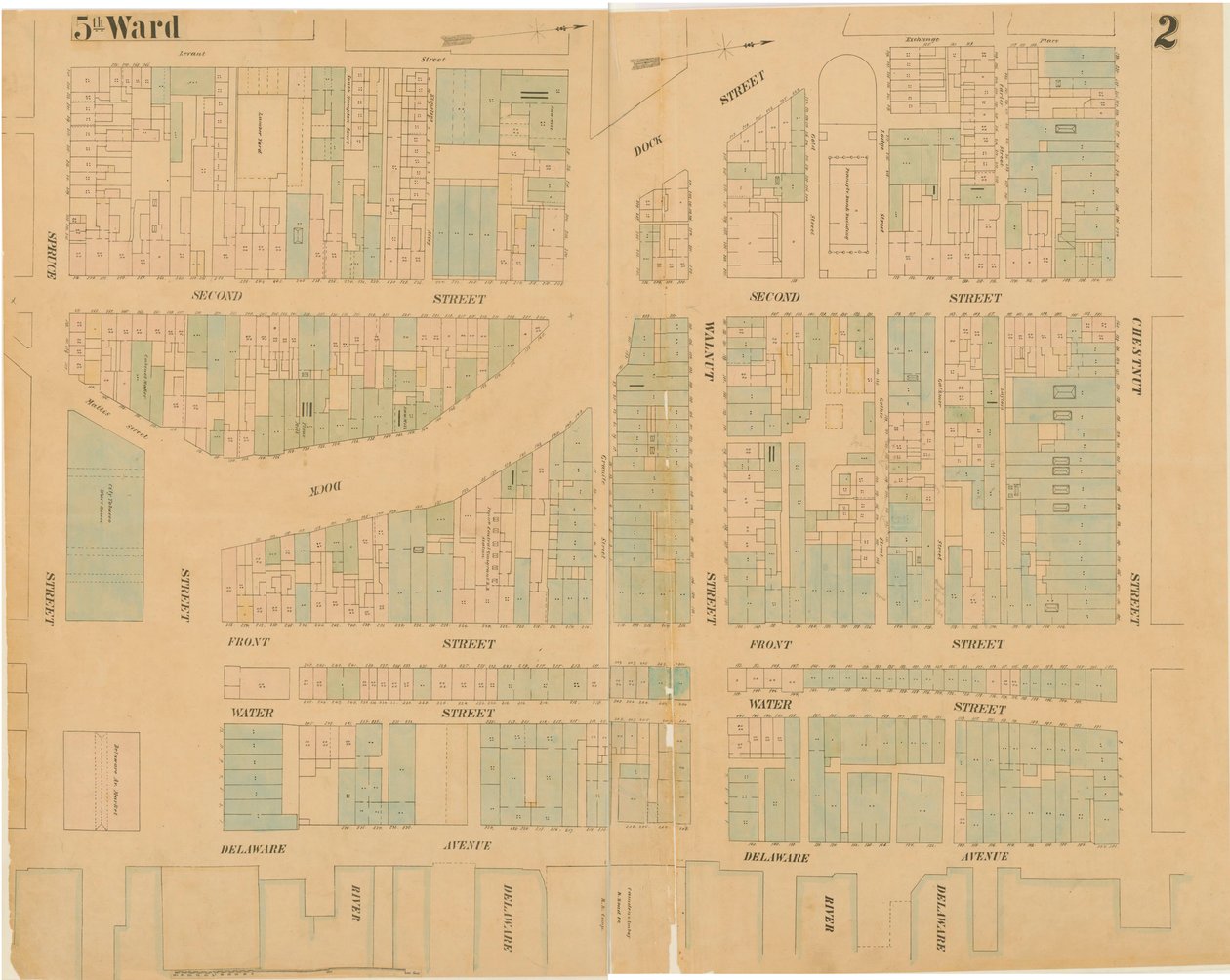 Kartor över staden Philadelphia, volym 1, plåt 2, 1860 (handfärgad gravyr) av Ernest Hexamer