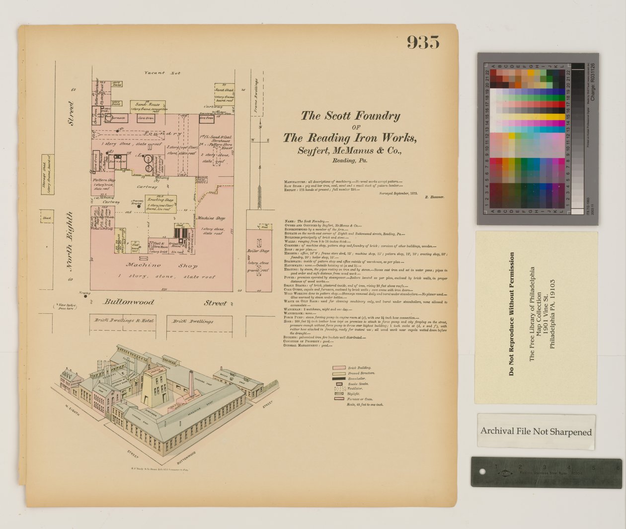 Plan för Reading Iron Works, Scott Foundry, Pennsylvania, september 1875 av Ernest Hexamer