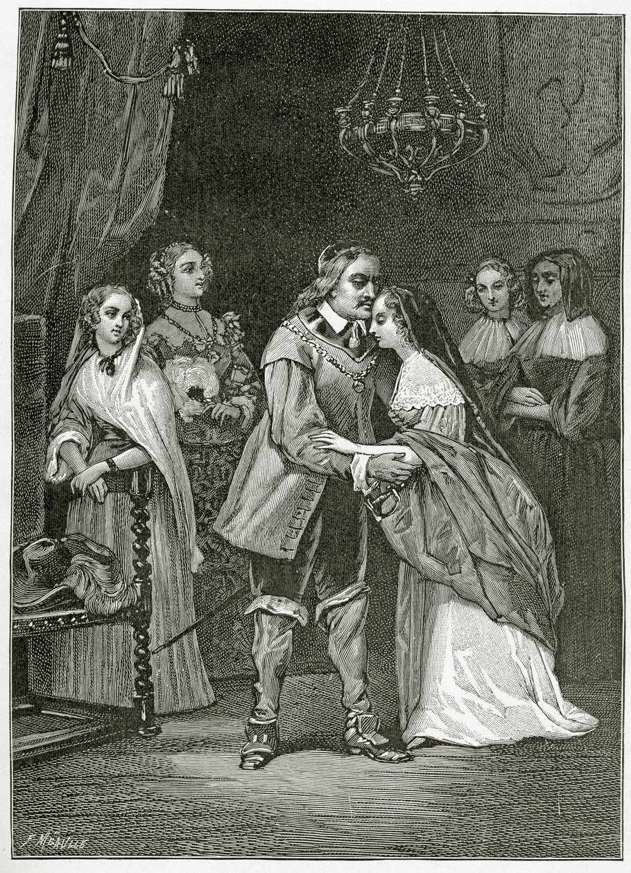 Cromwell och hans döttrar, 1800-talet (bw gravyr) av Ernest Hillemacher