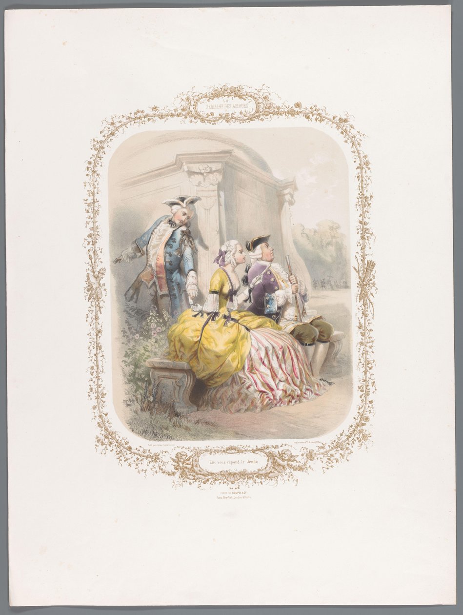 Kvinnan ger den unga mannen ett meddelande i hemlighet Elle vous répond le Jeudi (titel på objekt) Week of love (serietitel) La semaine des amours (serietitel på objekt) av Ernest Jaime
