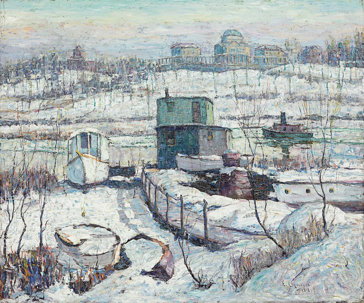 Båthus, vinter, Harlem River av Ernest Lawson