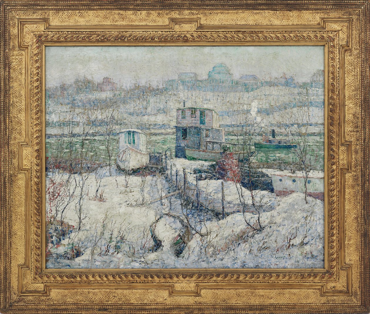 Båthus, Winter, Harlem River, ca 1916 av Ernest Lawson