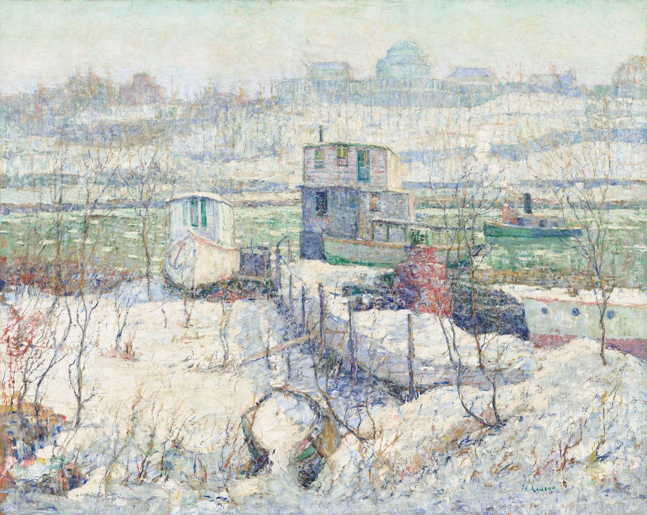 Båthus, Winter, Harlem River, ca. 1916. av Ernest Lawson
