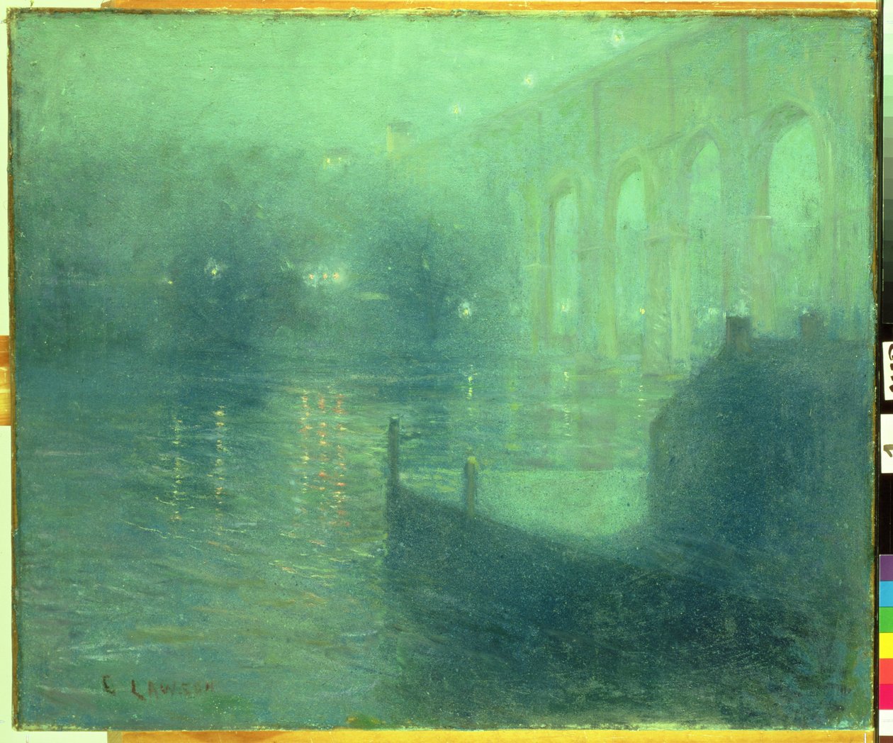 Harlem River at Night, Blue Reflection (olja på duk) av Ernest Lawson