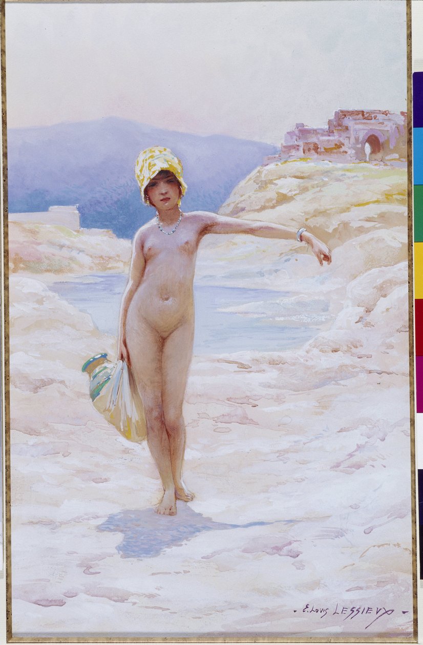 Algerisk flicka har kannan En naken flicka bär en hatt som bär en kanna med vatten nära en vattenkälla i en oas i öknen. Akvarell av Louis Ernest Lessieux (1874-1925) Obligatoriskt omnämnande: Collection fondation regards de Provence, Marseille av Ernest Louis Lessieux