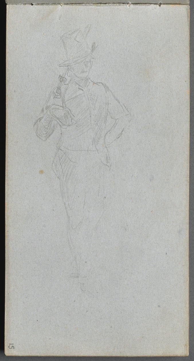 Skissbok, sidan 15: Studie av en soldat. av Jean Louis Ernest Meissonier