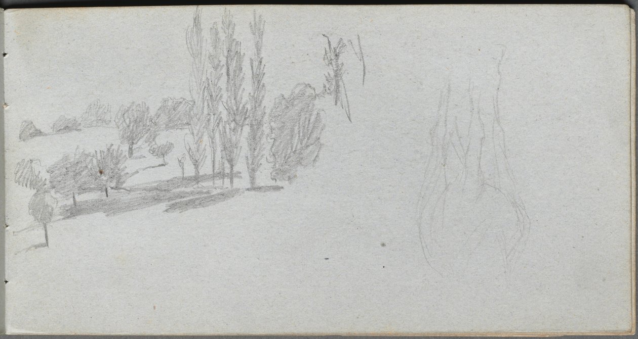 Skissbok, sidan 18: Studie av en häst- och landskapsstudie. av Jean Louis Ernest Meissonier