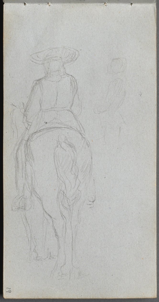 Skissbok, sidan 19: Studie av en figur på hästryggen sedd bakifrån. av Jean Louis Ernest Meissonier