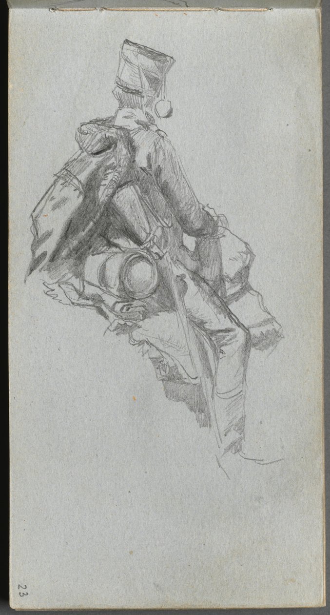 Skissbok, sidan 23: Sittande soldat av Ernest Meissonier