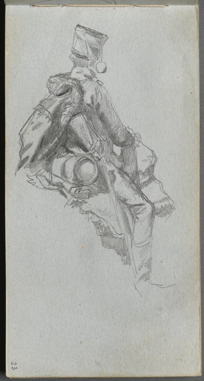 Skissbok, sid 23: Sittande soldat. av Jean Louis Ernest Meissonier