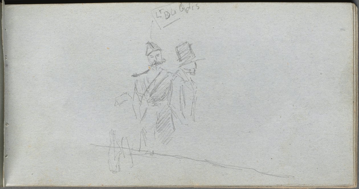 Skissbok, sidan 38: Studie av en soldat och figur i hög hatt av Ernest Meissonier