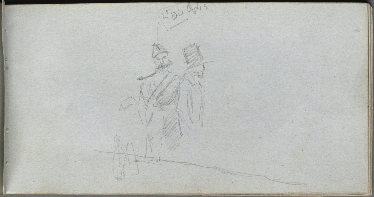 Skissbok, sidan 38: Studie av en soldat och figur i hög hatt. av Jean Louis Ernest Meissonier