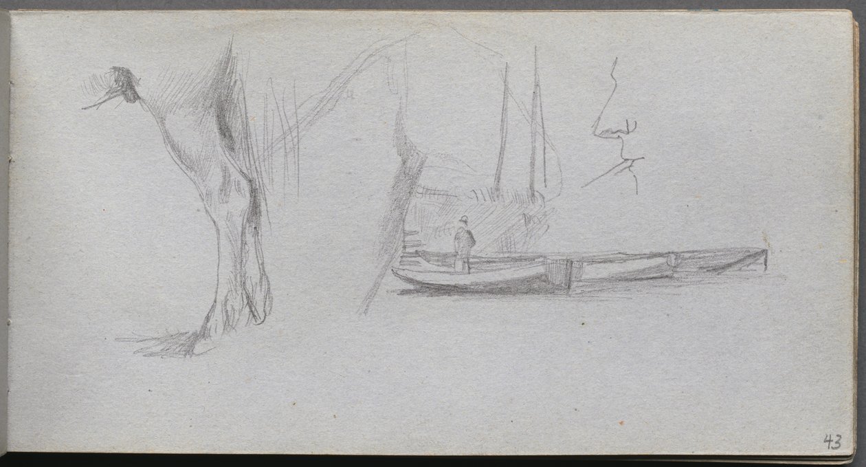Skissbok, sidan 43: Studier: Hästs ben, figur i en båt och profil. av Jean Louis Ernest Meissonier