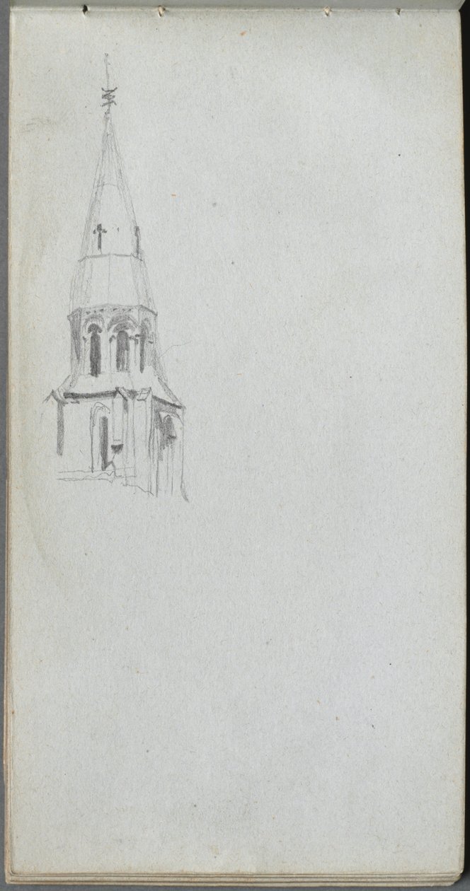 Skissbok, sid 44: Kyrkspira. av Jean Louis Ernest Meissonier