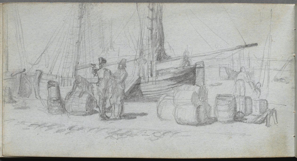 Skissbok, sidan 50: Båtar, figurer, last på en strand av Ernest Meissonier