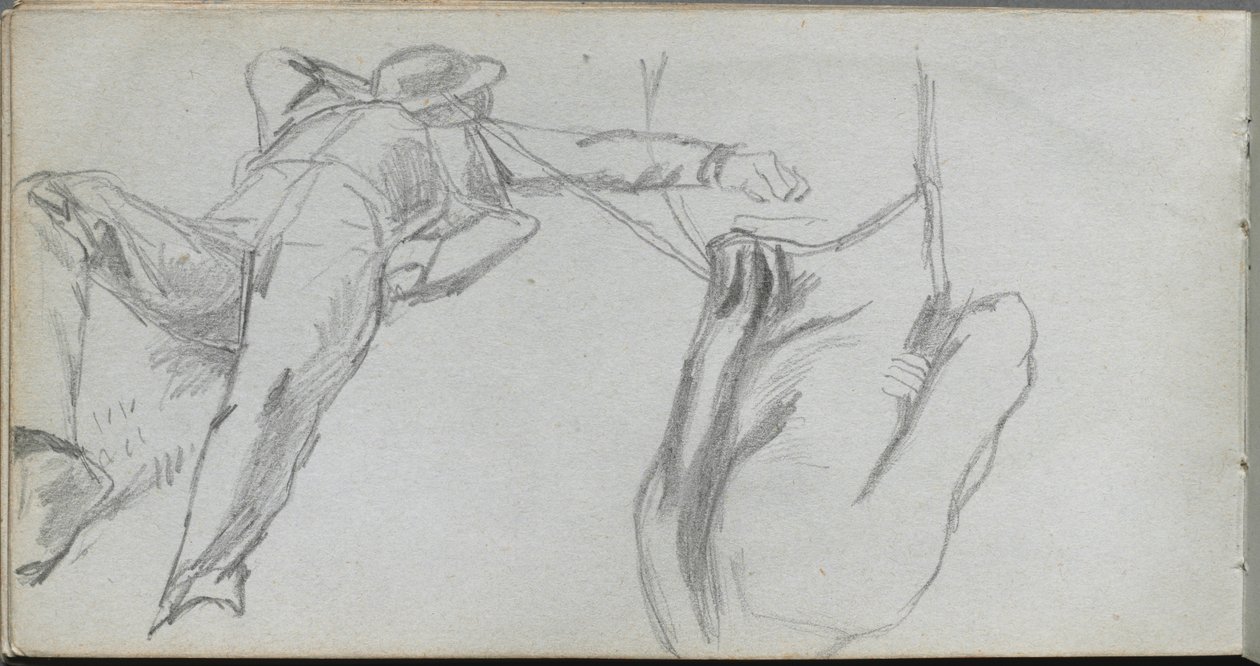 Skissbok, sidan 58: Liggande figur och figur bakifrån av Ernest Meissonier