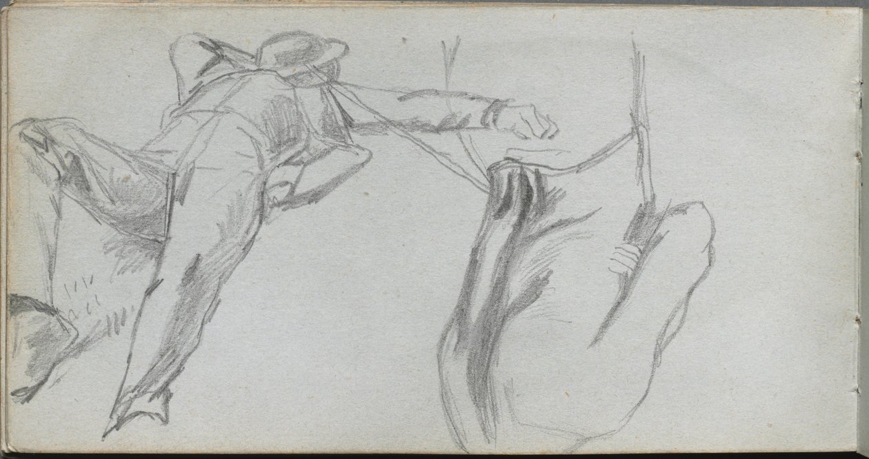 Skissbok, sidan 58: Liggande figur och figur bakifrån. av Jean Louis Ernest Meissonier