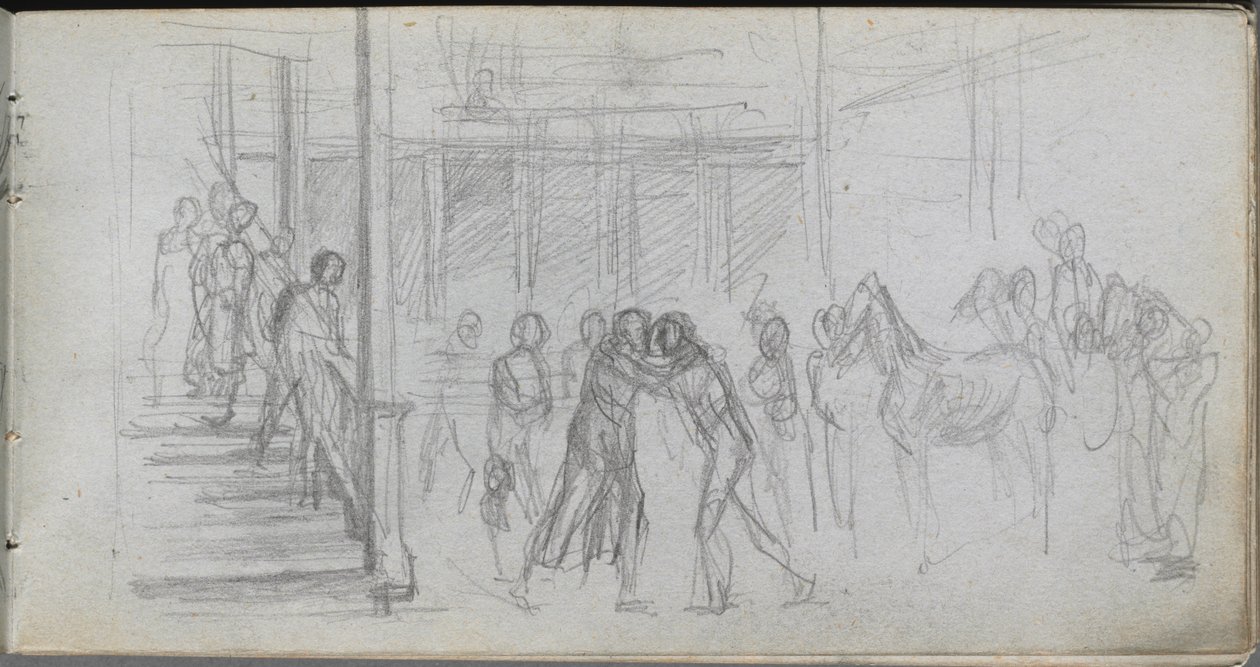 Skissbok, sidan 62: Figurstudie, trappa, häst. av Jean Louis Ernest Meissonier