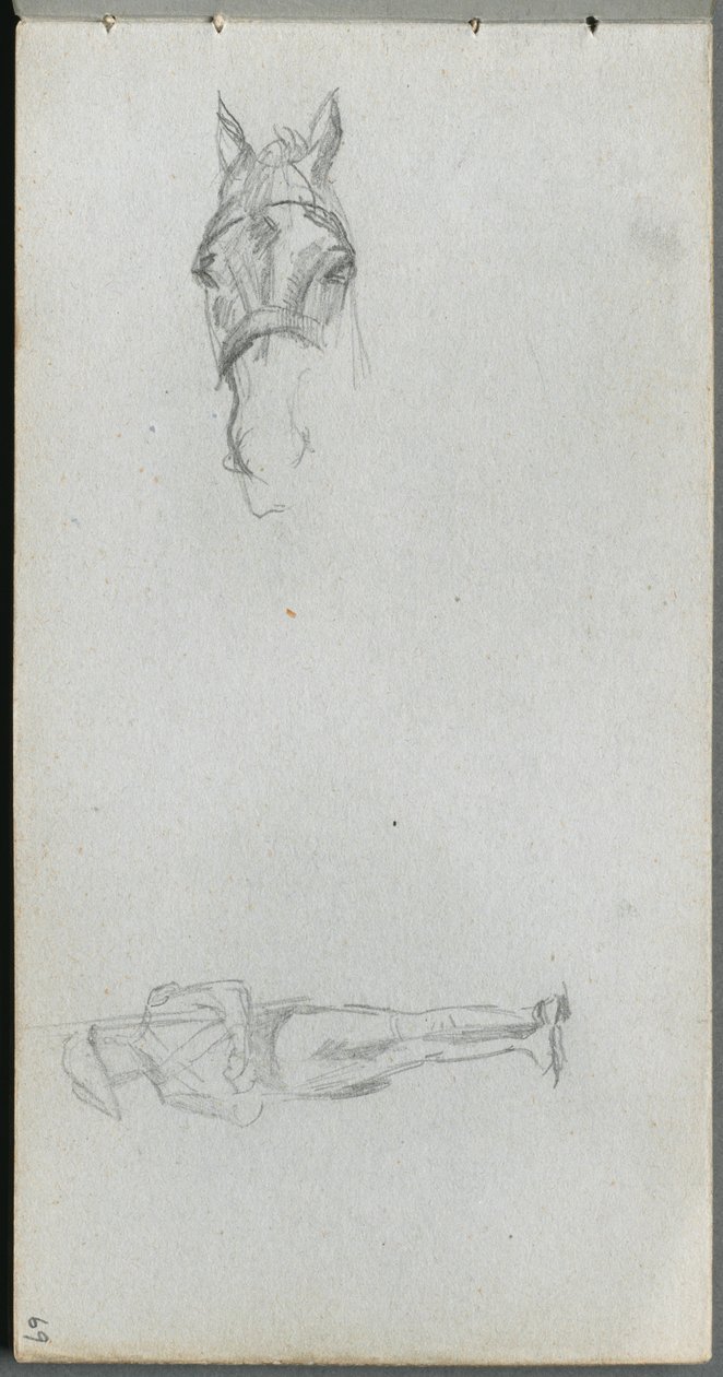 Skissbok, sidan 69: Studie av en hand, en häst och en figur av Ernest Meissonier