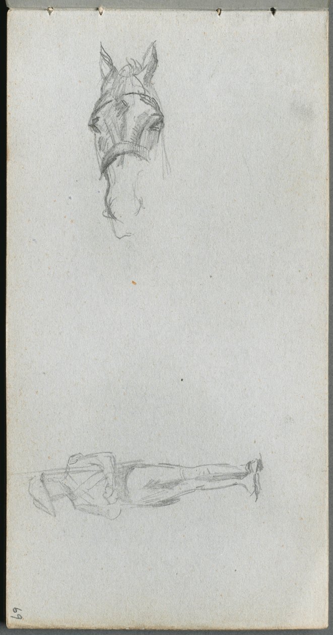 Skissbok, sidan 69: Studie av en hand, en häst och en figur. av Jean Louis Ernest Meissonier