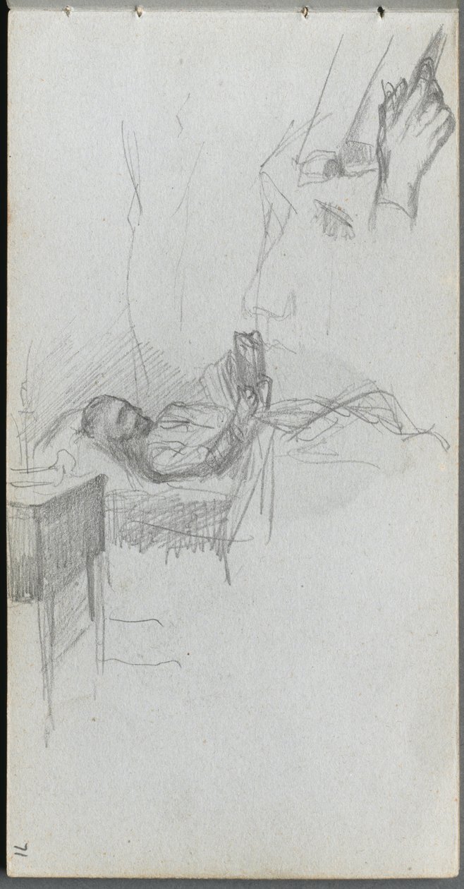 Skissbok, sidan 71: Studie av en figur som läser i sängen, Studie av en hand. av Jean Louis Ernest Meissonier