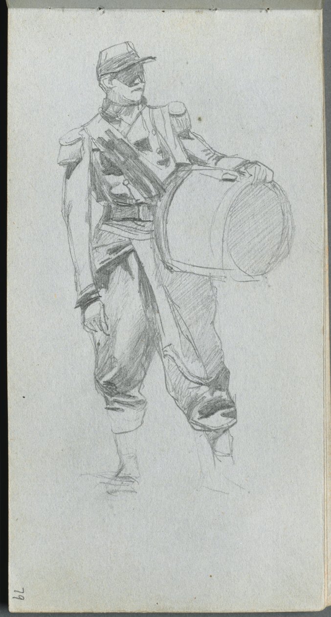 Skissbok, sid 79: Soldat med trumma. av Jean Louis Ernest Meissonier