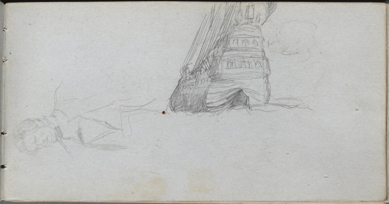 Skissbok, sid 84: Figurstudie, studie av ett skepp. av Jean Louis Ernest Meissonier