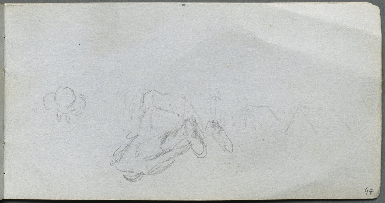Skissbok, sidan 97: Studier av figurer, byggnader av Ernest Meissonier