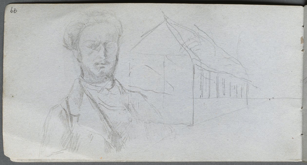 Skissbok, sidan 99: Studie av figur, byggnad av Ernest Meissonier