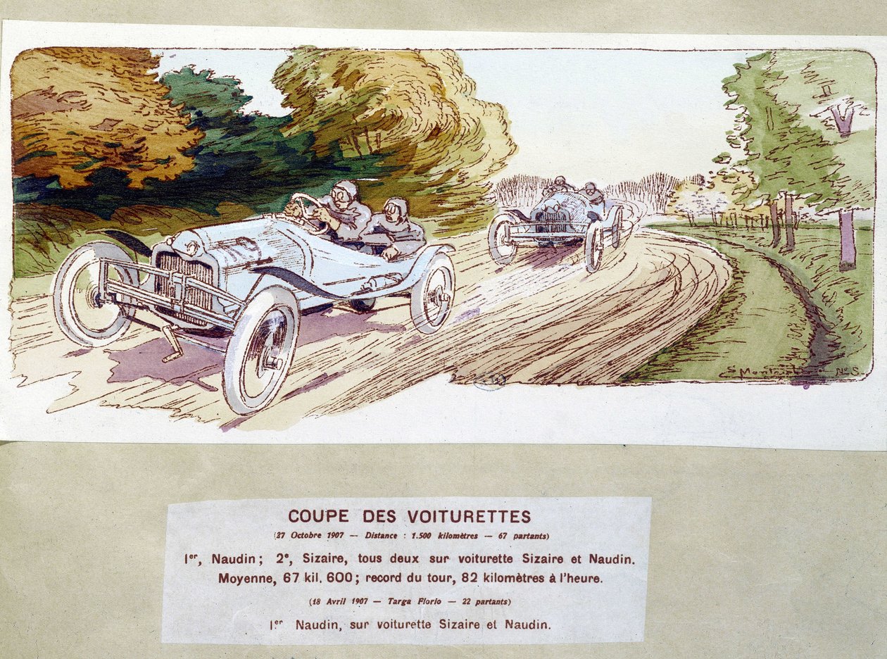 Bilracing: skära vagnar 1907 - teckning av Ernest Montaut (1878-1909). av Ernest Montaut