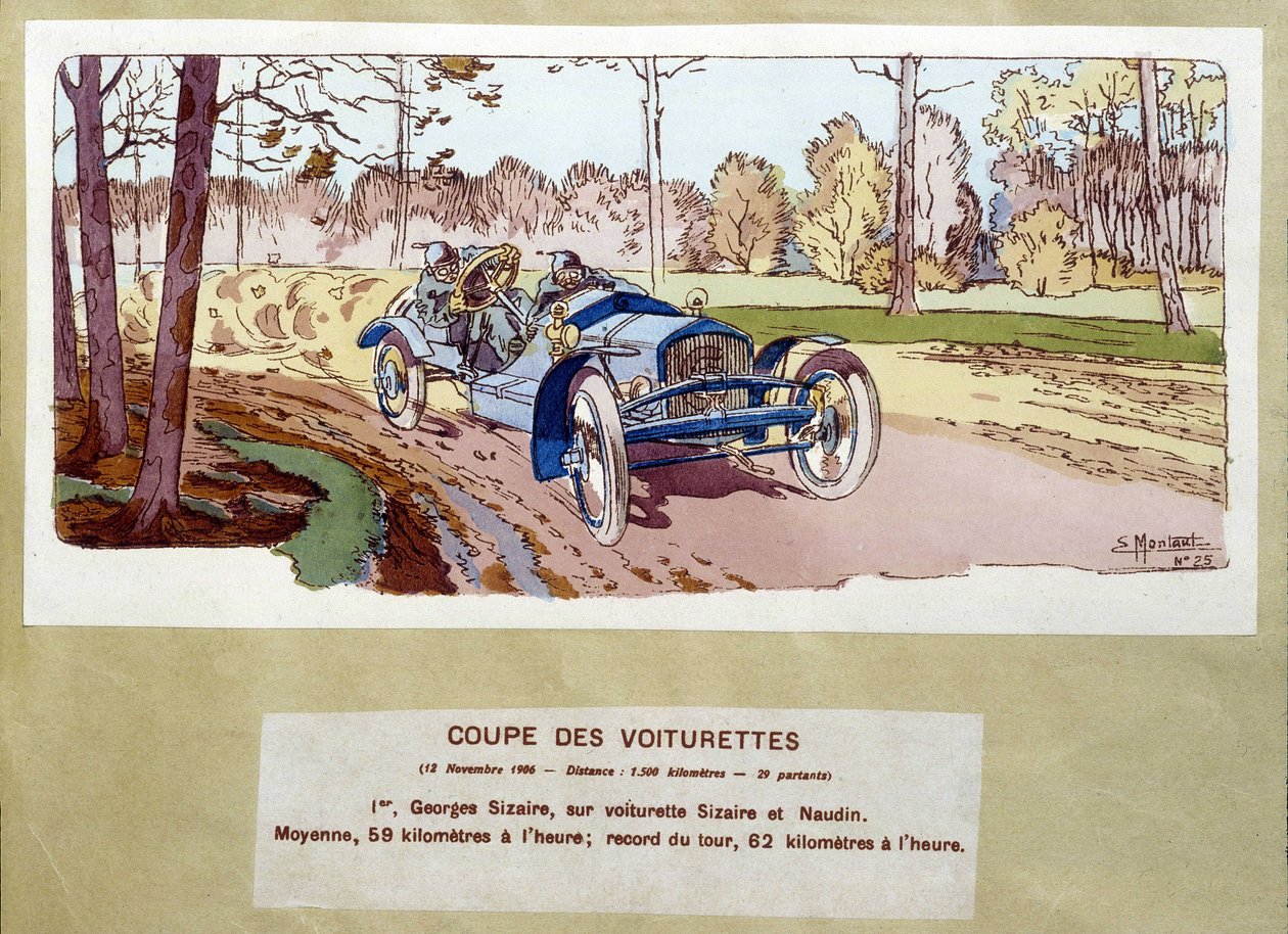 Bilracing: skärningen av vagnar 1906 - teckning av Ernest Montaut (1878-1909). av Ernest Montaut