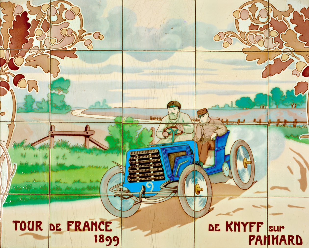 De Knyff kör en Panhard-bil i Tour de France 1899: keramiska plattor tillverkade av Gilardoni Fils et Cie i Paris, efter en ritning av Ernest Montaut (1878-1909) av Ernest Montaut