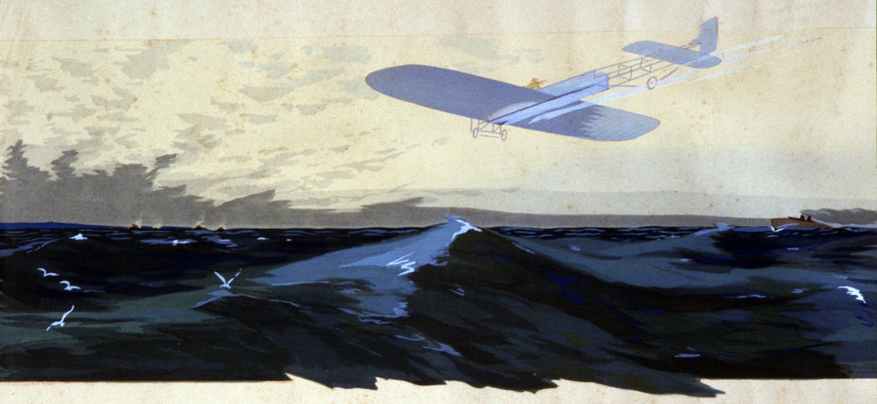 Louis Bleriot: Första flygöverfarten av Engelska kanalen, ca 1920 (illustration) av Ernest Montaut