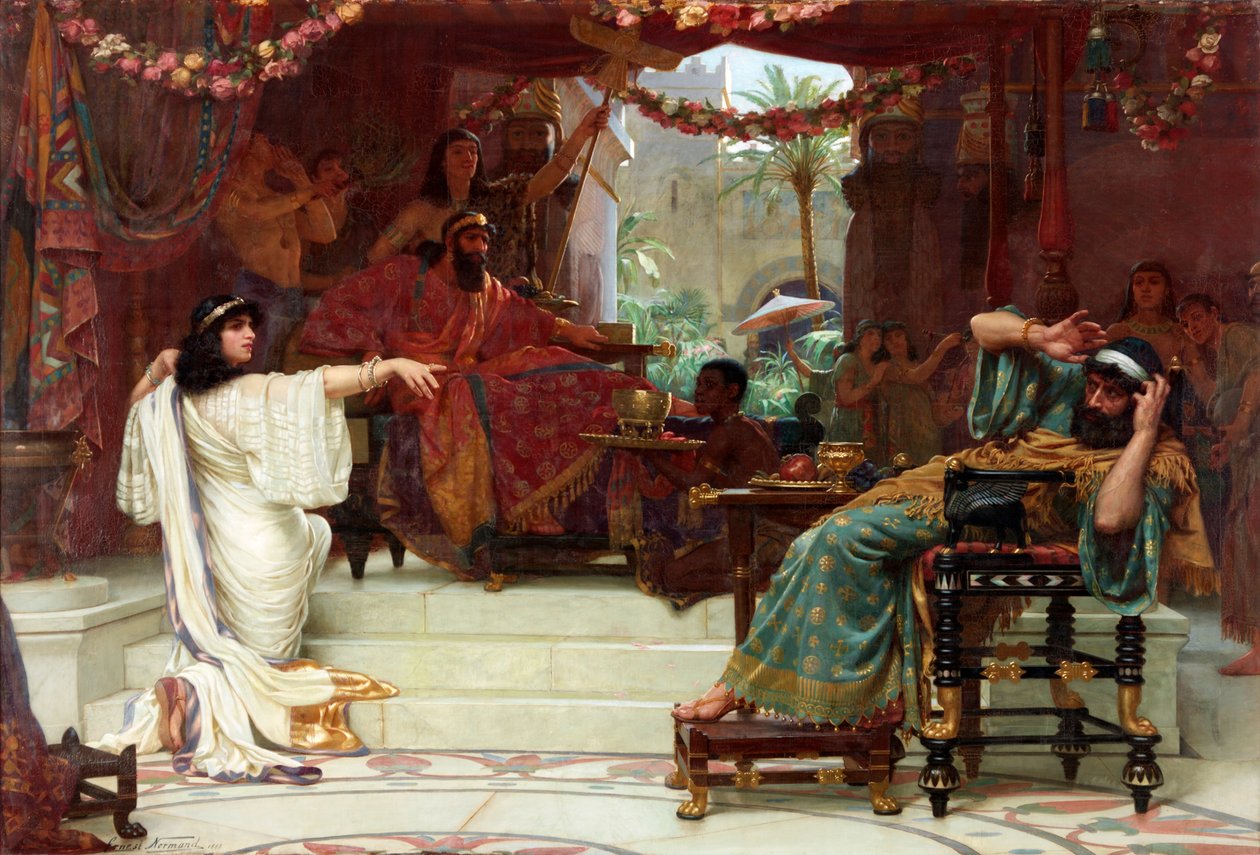Ester fördömde Haman till kung Ahasveros, 1888 av Ernest Normand