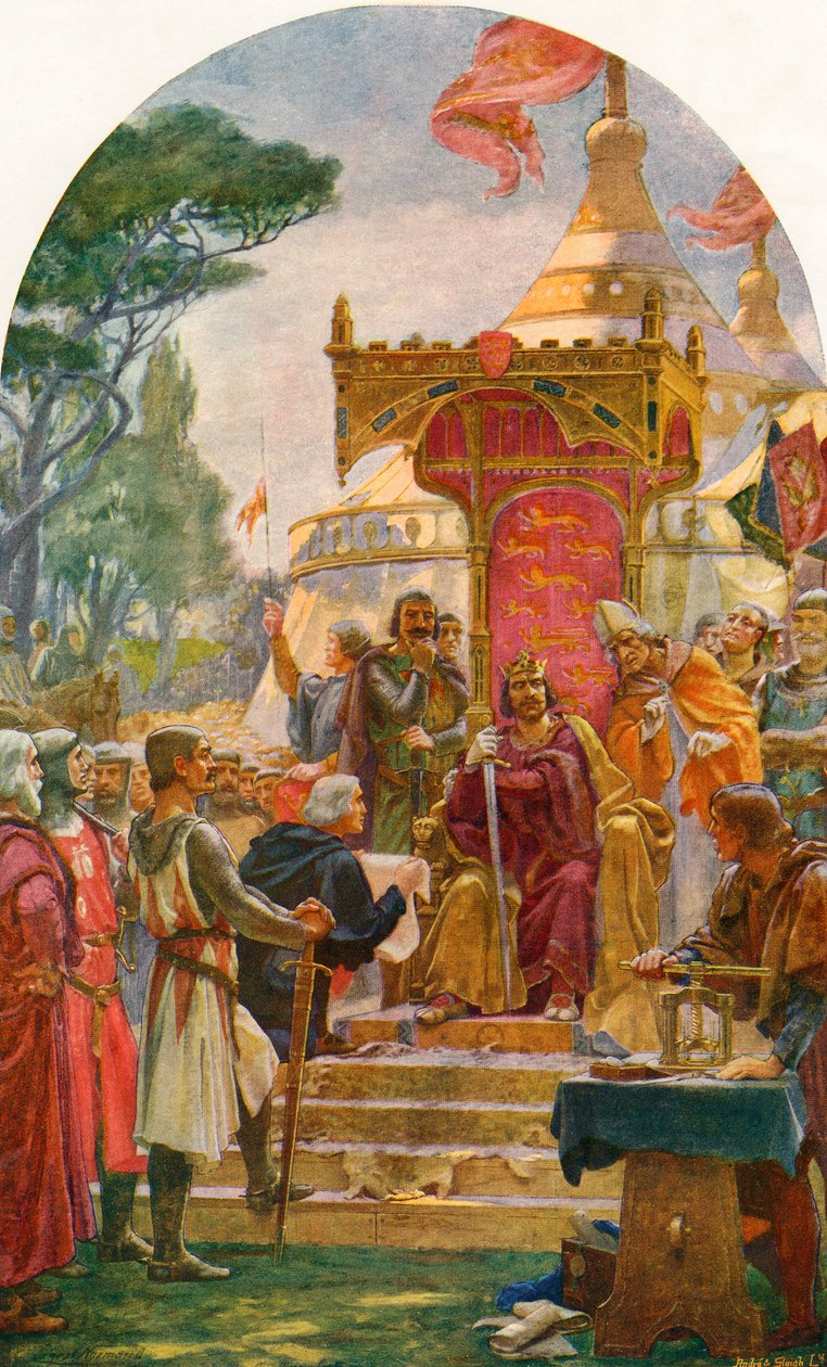 Kung John beviljar Magna Carta vid Runnymede, på stranden av Themsen nära Windsor, England, 15 juni 1215. Från Cassell