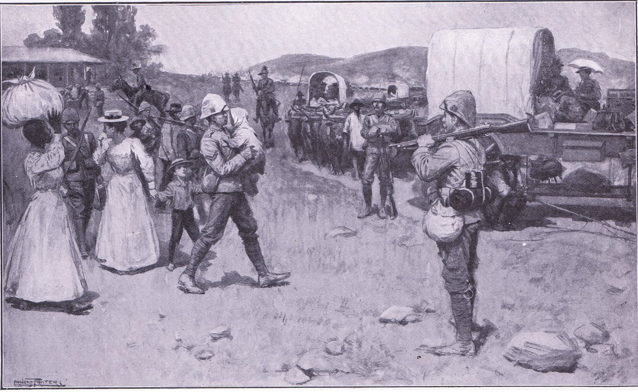 Brittiska soldater som hjälper boerflyktingar, illustration från After Pretoria: The Guerilla War, 1902 av Ernest Prater