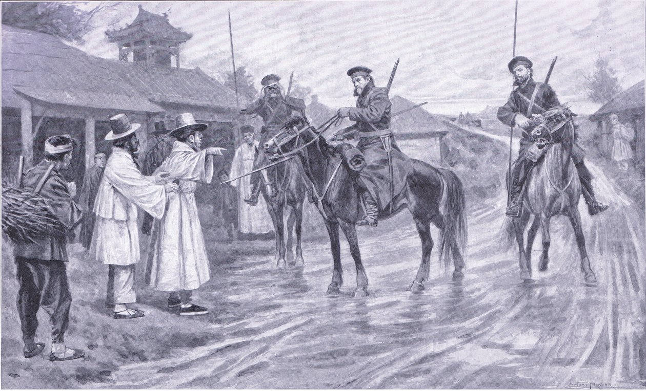 Kosackscouter samlar information från en koreansk fångenskap, illustration från Cassells History of the Russian-Japanese War Vol 1, c.1900 av Ernest Prater